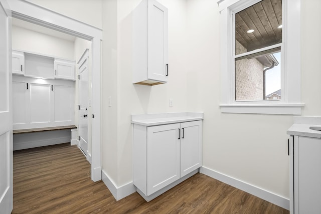 interior space featuring baseboards and dark wood-style floors