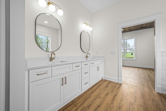 bathroom featuring wood finished floors, double vanity, a sink, and baseboards