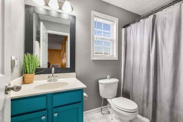 full bathroom with baseboards, toilet, a textured ceiling, vanity, and marble finish floor