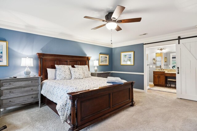 2009 Cedarmont Dr, Franklin, TN 37067 - bedroom featuring crown molding, a ceiling fan, a barn door, visible vents, and light colored carpet