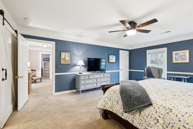 2009 Cedarmont Dr, Franklin, TN 37067 - bedroom with baseboards, carpet flooring, crown molding, a barn door, and visible vents