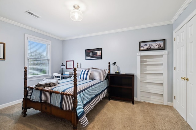2009 Cedarmont Dr, Franklin, TN 37067 - bedroom with light colored carpet, ornamental molding, and visible vents