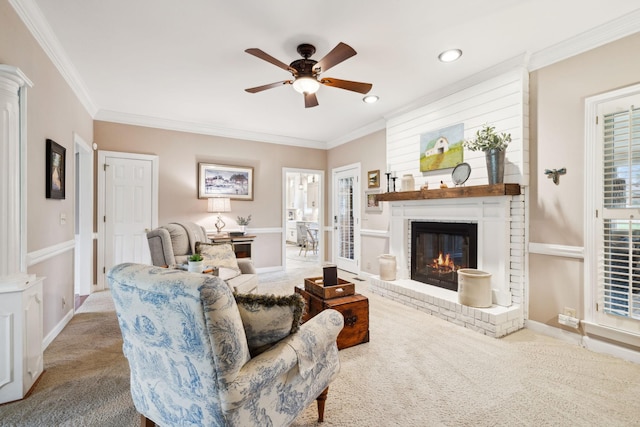 2009 Cedarmont Dr, Franklin, TN 37067 - living area with a fireplace, carpet, crown molding, and ceiling fan