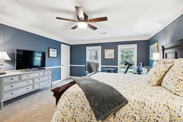 2009 Cedarmont Dr, Franklin, TN 37067 - carpeted bedroom with ornamental molding, visible vents, baseboards, and a ceiling fan