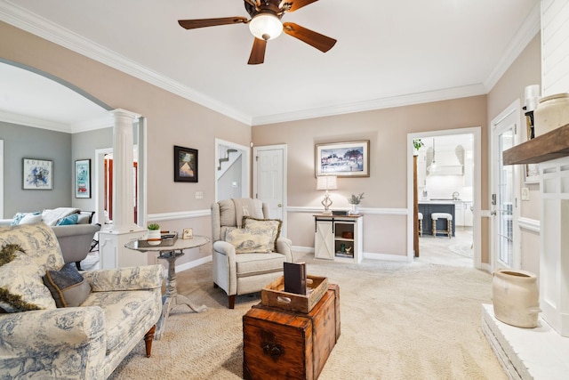 2009 Cedarmont Dr, Franklin, TN 37067 - living room with baseboards, ornamental molding, carpet flooring, a ceiling fan, and decorative columns