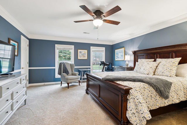 2009 Cedarmont Dr, Franklin, TN 37067 - bedroom featuring baseboards, ornamental molding, a ceiling fan, visible vents, and light colored carpet