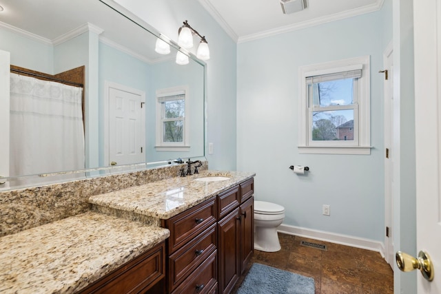 2009 Cedarmont Dr, Franklin, TN 37067 - bathroom with vanity, baseboards, ornamental molding, toilet, and visible vents