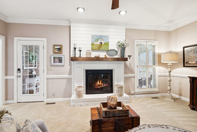 2009 Cedarmont Dr, Franklin, TN 37067 - carpeted living area with a brick fireplace, baseboards, ornamental molding, and ceiling fan