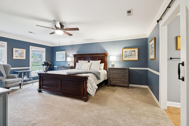 2009 Cedarmont Dr, Franklin, TN 37067 - bedroom with baseboards, crown molding, a ceiling fan, visible vents, and light colored carpet