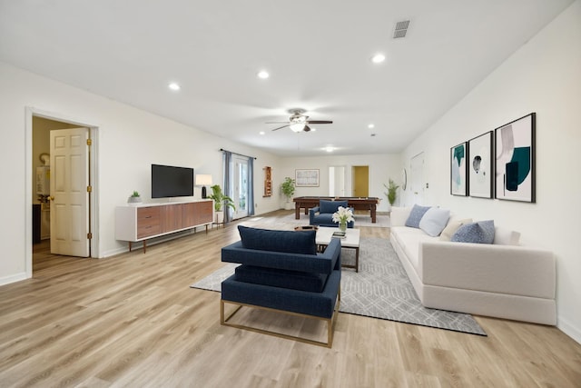 2728 Brown Hollow Rd, Columbia, TN 38401 - living area featuring light wood-style flooring, recessed lighting, ceiling fan, visible vents, and billiards