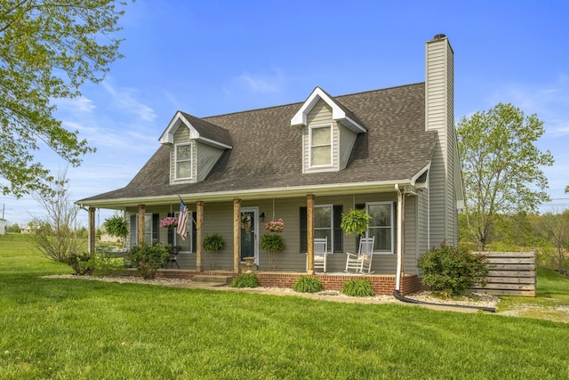 view of front of property with a chimney, a front lawn, a shingled roof, and covered porch
