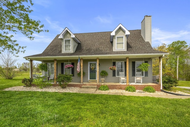 country-style home with a porch, a front lawn, roof with shingles, and a chimney