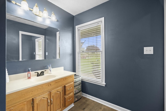 bathroom with baseboards, vanity, and wood finished floors