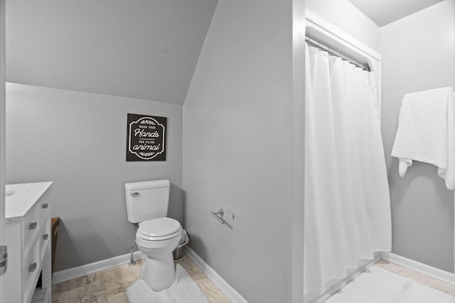 full bath with marble finish floor, toilet, vanity, a shower with curtain, and baseboards