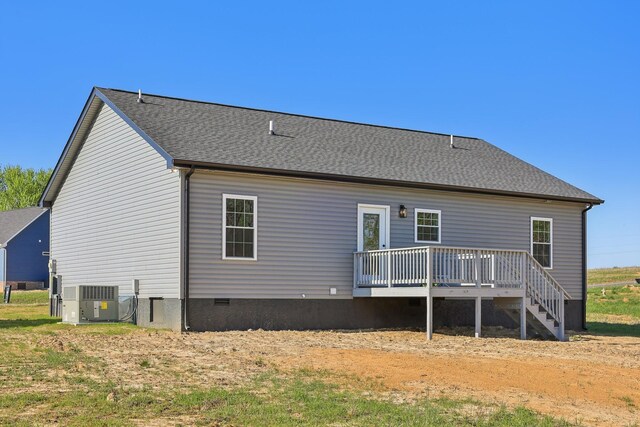 236 Amos Cir, Lafayette, TN 37083 - rear view of house featuring central AC, a deck, crawl space, and roof with shingles
