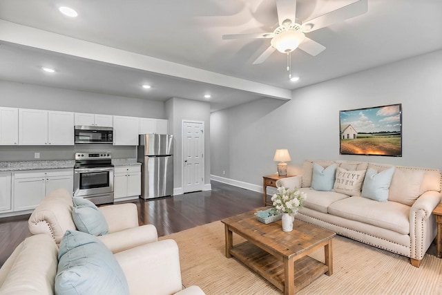 434 Caldwell Dr, Columbia, TN 38401 - living room with recessed lighting, dark wood-style flooring, baseboards, and a ceiling fan