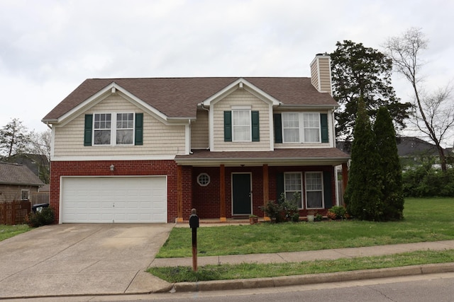 8257 Ramstone Way, Antioch, TN 37013 - view of front of property featuring a garage, a chimney, concrete driveway, brick siding, and a front lawn