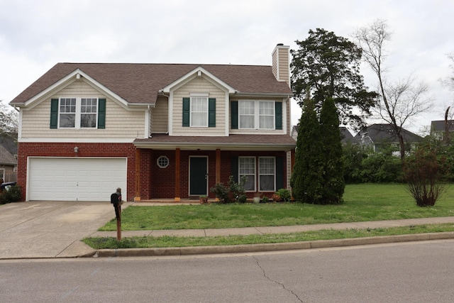 8257 Ramstone Way, Antioch, TN 37013 - view of front of house with a chimney, driveway, a front yard, brick siding, and a garage