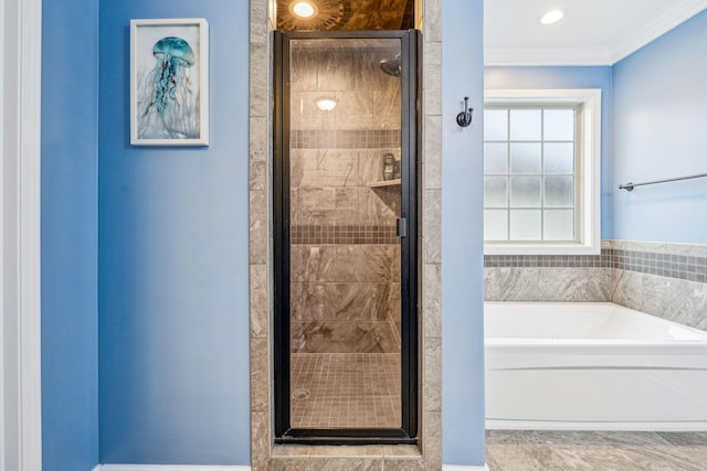 1328 Winterset Dr, Clarksville, TN 37040 - full bathroom featuring a bath, a stall shower, and ornamental molding