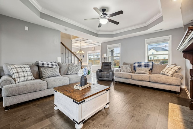1328 Winterset Dr, Clarksville, TN 37040 - living area featuring a raised ceiling, a chandelier, ornamental molding, dark wood finished floors, and stairway