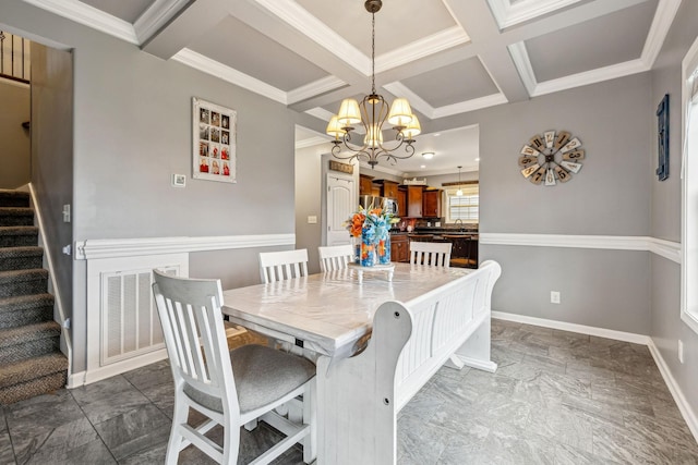 1328 Winterset Dr, Clarksville, TN 37040 - dining area featuring coffered ceiling, stairs, a chandelier, ornamental molding, and beamed ceiling