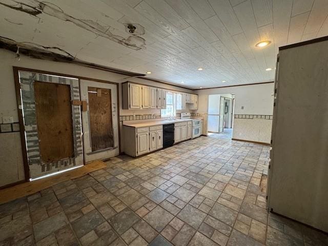 kitchen with recessed lighting, light countertops, black dishwasher, stone finish flooring, and double oven range