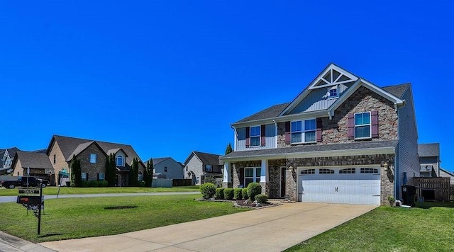 view of front facade featuring stone siding, a front lawn, an attached garage, concrete driveway, and a residential view