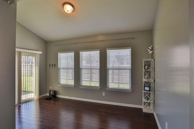unfurnished room with wood-type flooring, lofted ceiling, and a healthy amount of sunlight