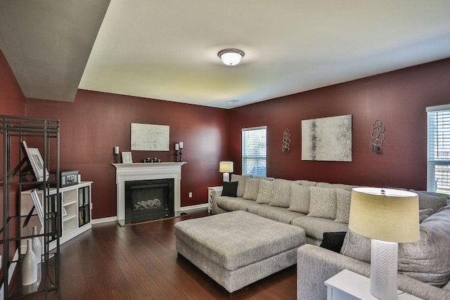 living area with a fireplace, a wealth of natural light, wood finished floors, and baseboards