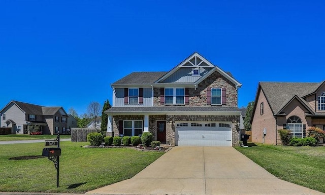 craftsman-style house with concrete driveway, an attached garage, board and batten siding, and a front lawn