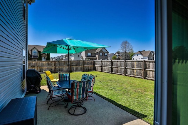 view of patio featuring a fenced backyard, a residential view, a grill, and outdoor dining area