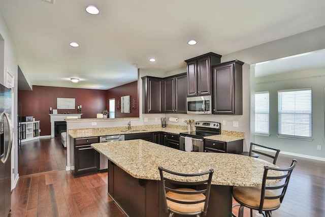 kitchen featuring a sink, light stone countertops, a peninsula, and stainless steel appliances