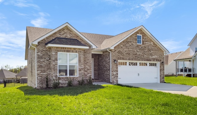 view of front of property with a shingled roof, concrete driveway, a front lawn, and brick siding