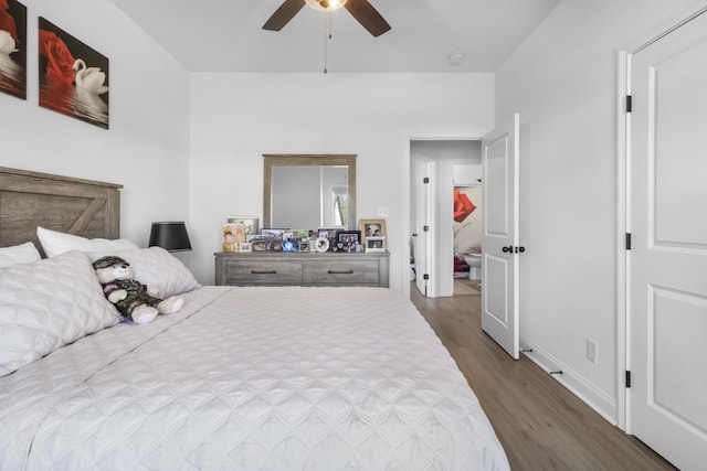 bedroom with baseboards, a ceiling fan, and wood finished floors