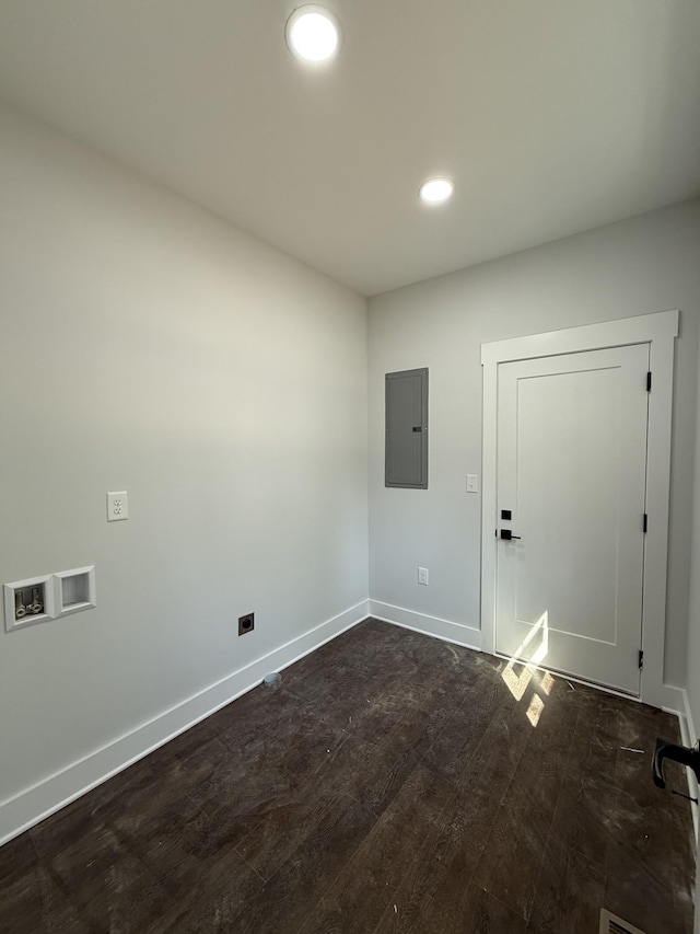 laundry room with baseboards, electric panel, recessed lighting, laundry area, and hookup for a washing machine