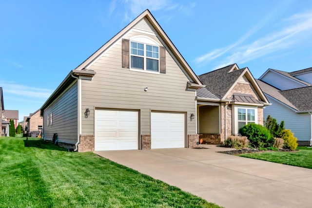 craftsman-style house with a garage, a front yard, brick siding, a shingled roof, and concrete driveway