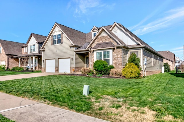 craftsman house featuring a garage, a standing seam roof, driveway, and stone siding