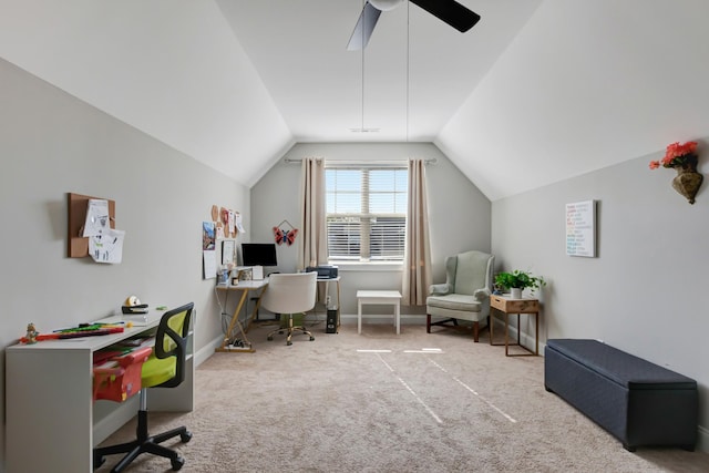 carpeted office featuring visible vents, ceiling fan, vaulted ceiling, and baseboards