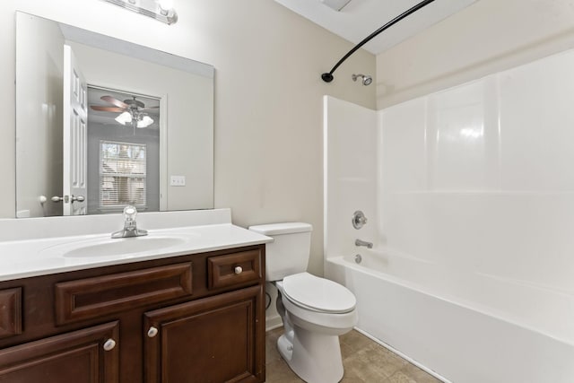 full bath with vanity, shower / tub combination, a ceiling fan, and toilet