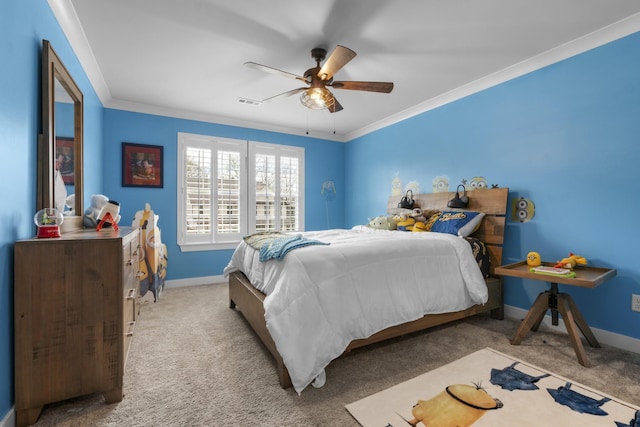 bedroom featuring baseboards, ornamental molding, visible vents, and carpet floors