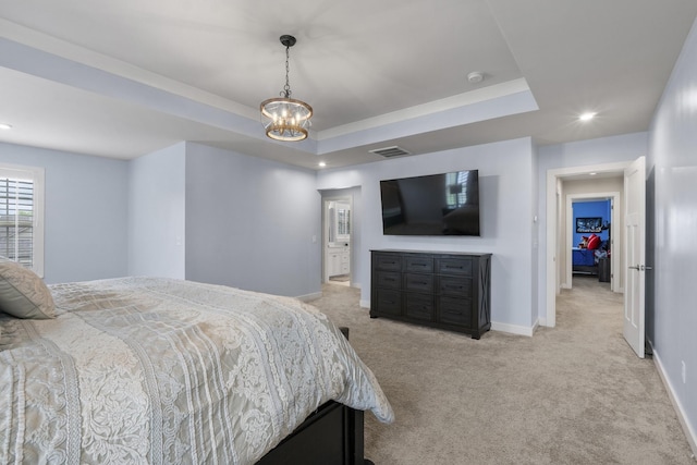 bedroom with light colored carpet, baseboards, visible vents, and recessed lighting