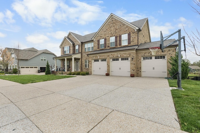 craftsman inspired home with roof with shingles, driveway, a front lawn, brick siding, and a garage