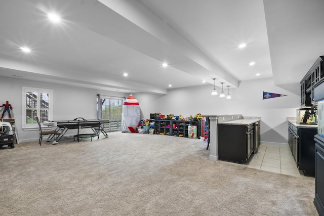 game room featuring light colored carpet, baseboards, light tile patterned floors, and recessed lighting