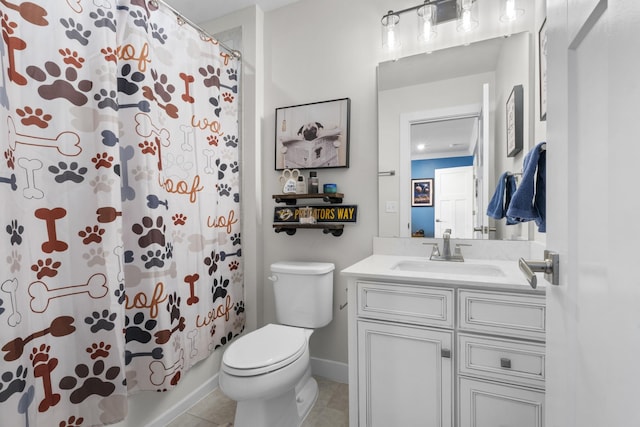 bathroom with baseboards, toilet, shower / bathtub combination with curtain, vanity, and tile patterned flooring