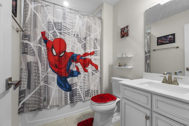 full bathroom featuring shower / bath combo, tile patterned floors, vanity, and toilet