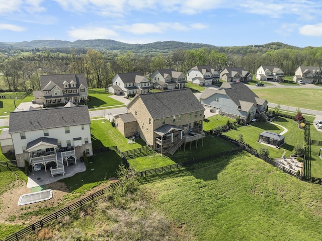 birds eye view of property with a mountain view and a residential view