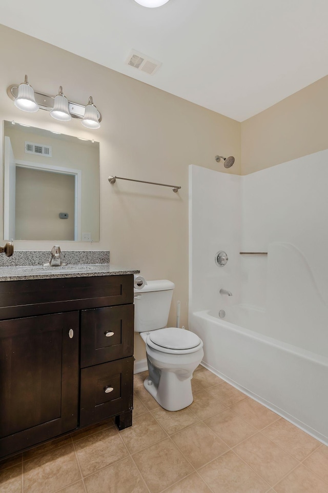 bathroom with visible vents, toilet, shower / bathing tub combination, and vanity