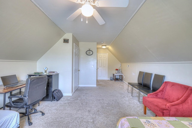 bedroom with carpet, vaulted ceiling, baseboards, and a ceiling fan