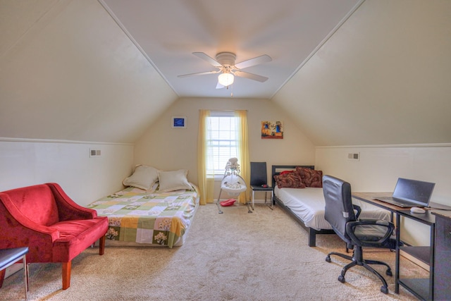 bedroom featuring carpet floors, ceiling fan, and lofted ceiling
