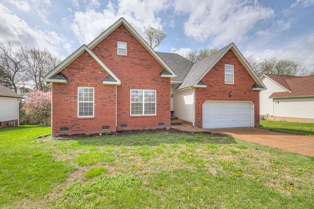 traditional-style home featuring crawl space, concrete driveway, a front yard, and brick siding